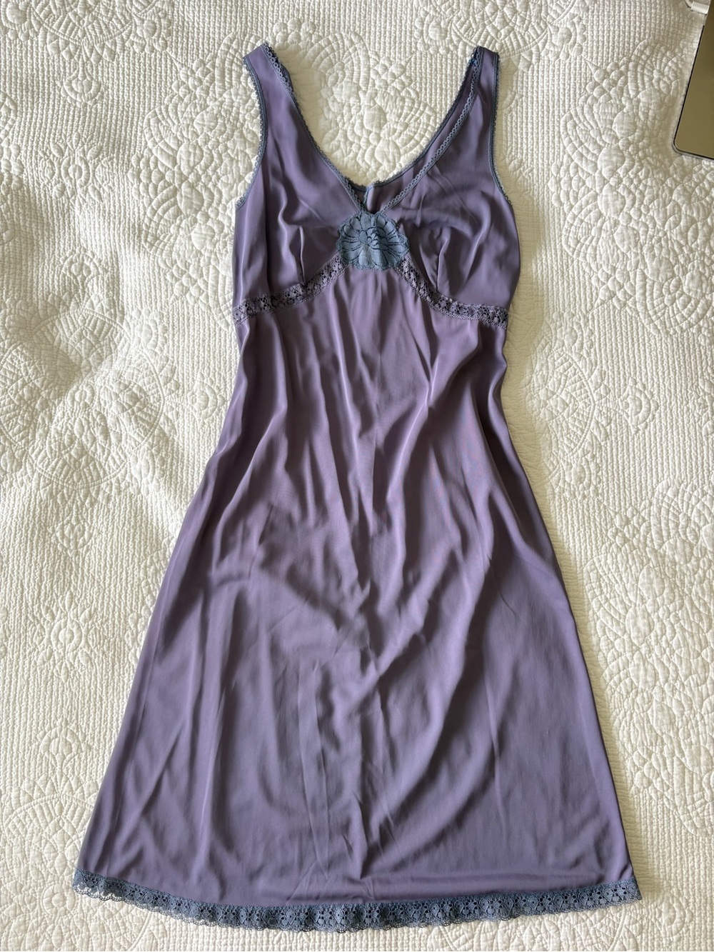 Vintage 90s Italian Semi Sheer Lace Trim Purple Slip Midi Dress